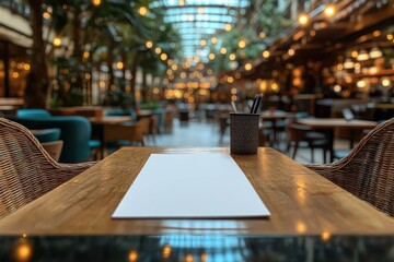 A cozy restaurant setting with a table ready for dining, surrounded by warm lighting.