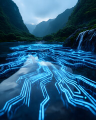 Ein digital leuchtender Fluss inmitten einer natürlichen Berglandschaft mit futuristischen Schaltkreismustern