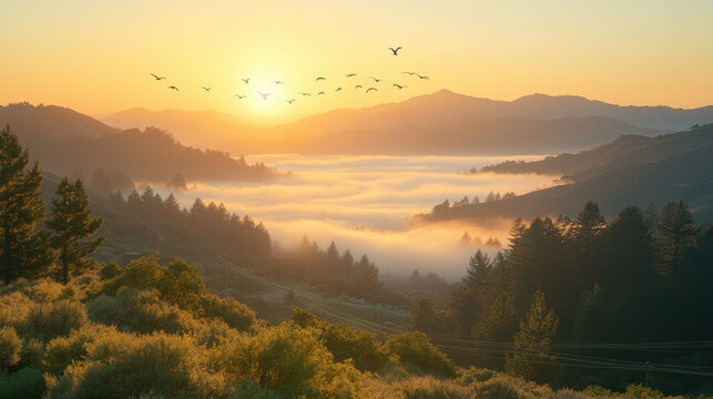 serene sunrise over misty valley with mountains and birds flying. calm morning light creates peaceful atmosphere in nature