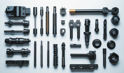 Obraz premium Black metallic parts arranged on white background.