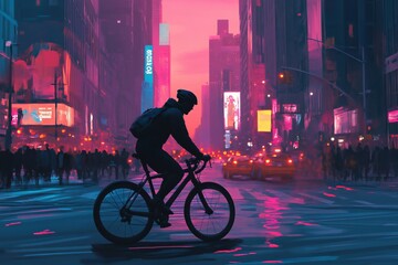 A cyclist rides through a bustling city street at twilight