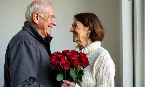 portrait of an elderly married couple, an adult man gives his woman a bouquet of roses on Valentine's Day, Birthday as a symbol of love - Powered by Adobe