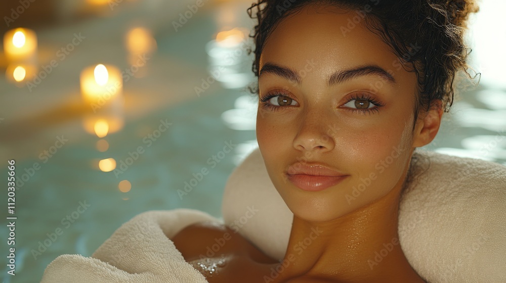 Poster a person enjoys a calming moment in a spa, surrounded by flickering candles and warm water. the soot