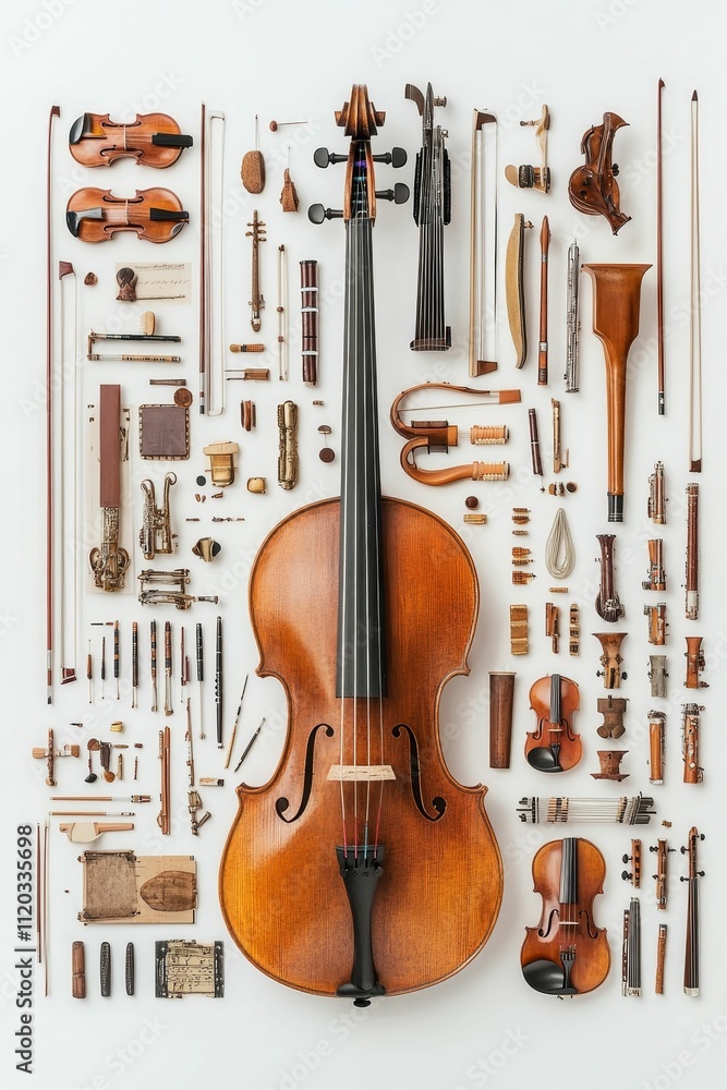 Poster string instrument components, disassembled and arranged.