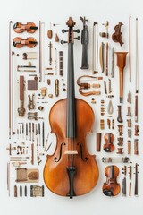 Naklejka premium String instrument components, disassembled and arranged.