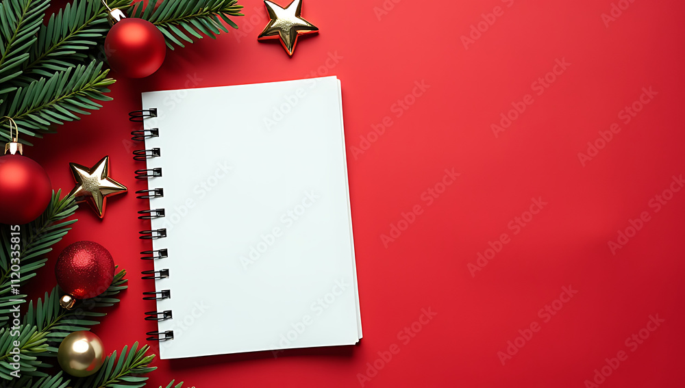 Aufkleber a blank notebook is surrounded by christmas decorations on a vibrant red background in this festive 