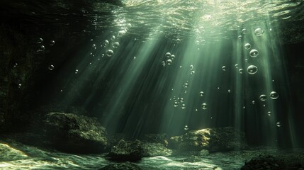 Stream of bubbles rising in a darkened underwater environment, light beams highlighting their motion and clarity