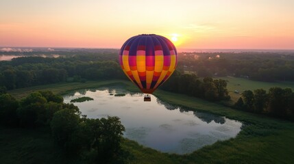 Obraz premium Show a serene early morning view from a hot air balloon, where travelers float gently above the countryside as the sun rises.