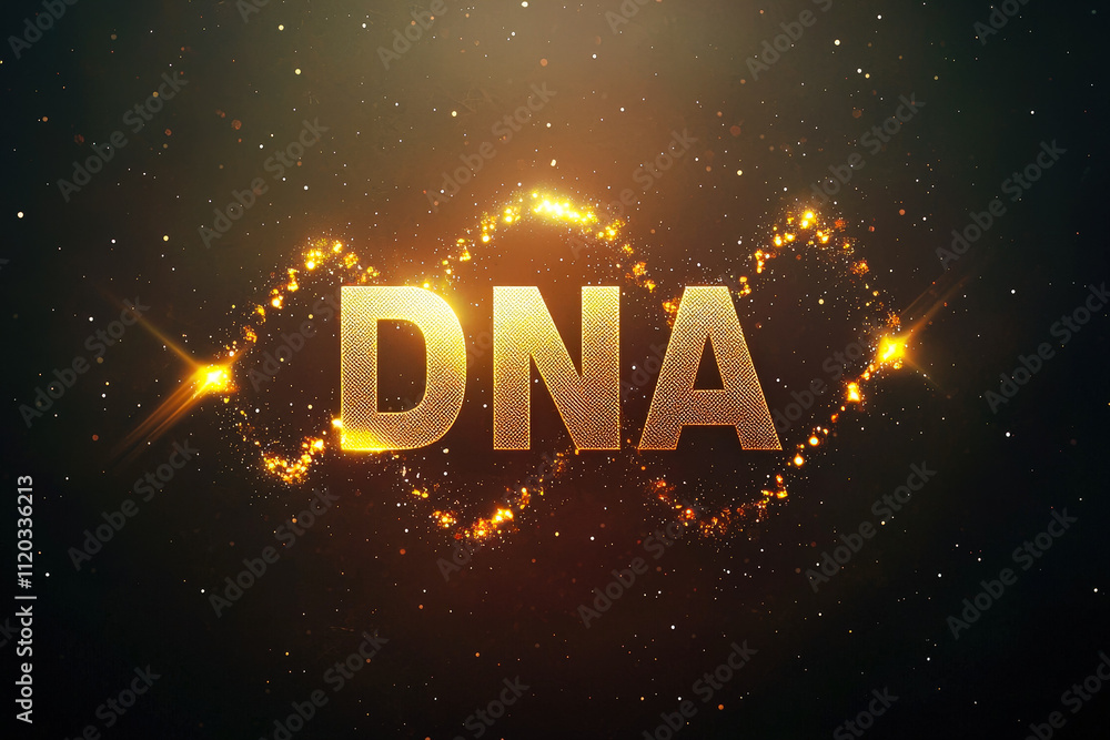 Poster Golden DNA text with helix structure and glowing sparks on dark gradient background