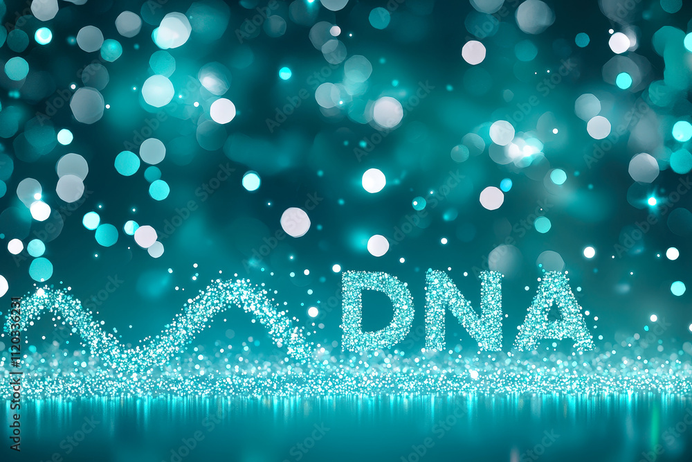 Poster DNA represented with sparkling particles and shimmering lights in a mesmerizing blue background