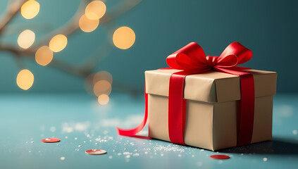 Fototapeta premium A beautifully wrapped gift box with a ribbon sits on a tree silhouette background, evoking elegance and the joy of the holiday season._00001_