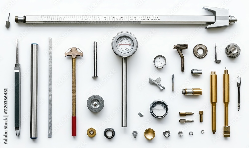 Poster precision instruments, tools, and measuring devices arranged neatly.