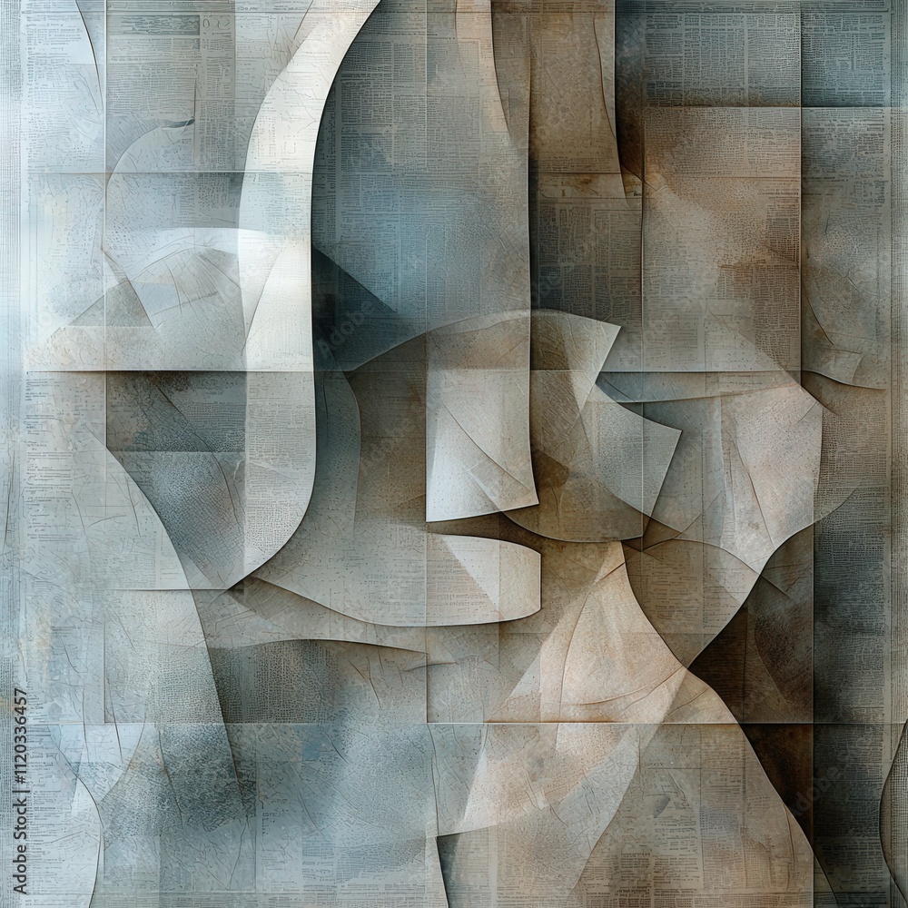 Poster faded newsprint texture, layered with abstract typography