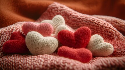 Obraz premium Knitted hearts rest on a soft textured blanket