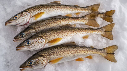 Obraz premium Freshly caught trout displayed on ice, showcasing the quality and abundance of local fishing