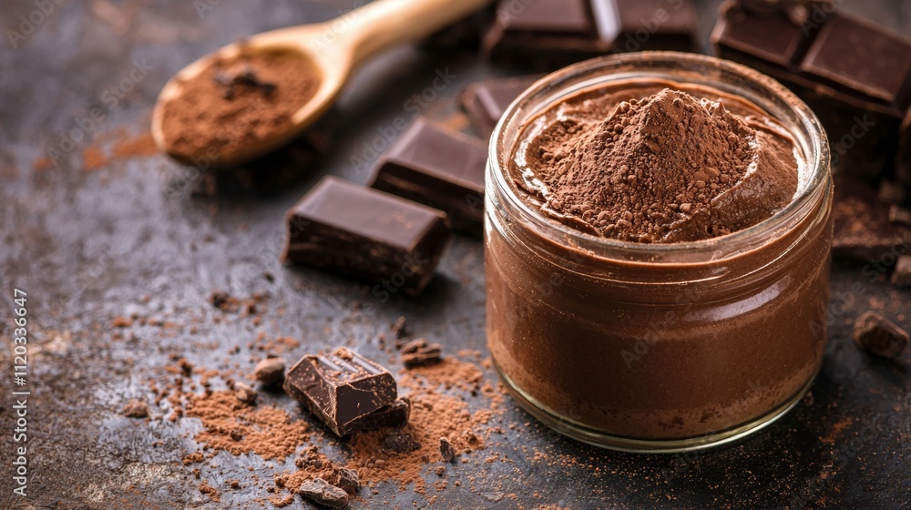Poster jar of cocoa powder with chocolate chunks on rustic surface