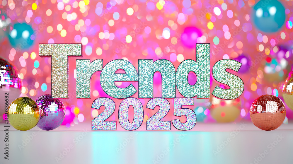 Poster trends for 2025 displayed with vibrant decorations and colorful disco balls in a festive setting