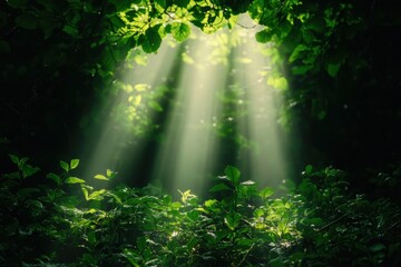 Fototapeta premium Sunlight pierces through lush green foliage, creating a serene and mystical atmosphere in a forest setting.