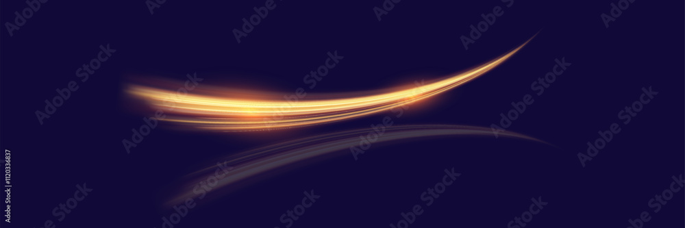 Poster Abstract glowing golden light trail on dark background, dynamic swoosh effect, energy stream with smooth curves and soft gradients.