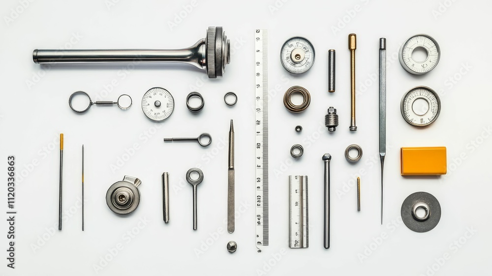 Poster precision instruments arranged on white background.
