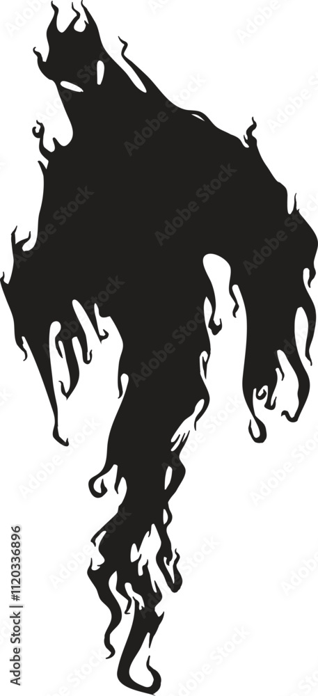 Poster black ink figure forming a ghost with flamed edges floating in a white background, creating a spooky