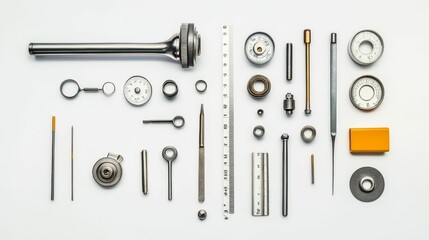 Obraz premium Precision instruments arranged on white background.