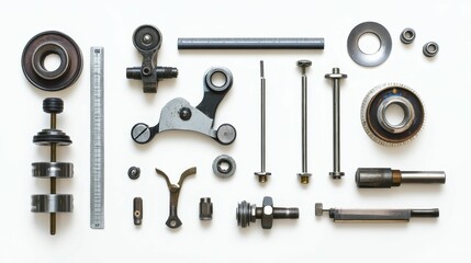 Obraz premium Assorted metal parts, tools, and measuring device.