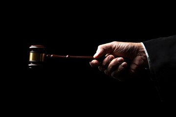 Fototapeta premium A hand holding a gavel against a dark background, symbolizing justice, authority, and legal proceedings.