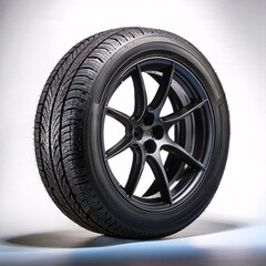 Fototapeta premium New car tire and wheel combination standing upright against a white background
