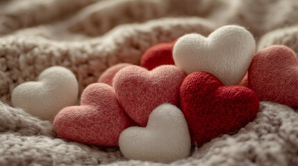 Obraz premium Knitted hearts rest on a cozy woolen blanket