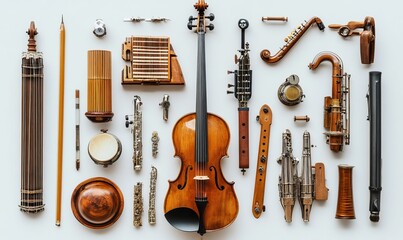 Naklejka premium Disassembled musical instruments and accessories arranged on a white background.