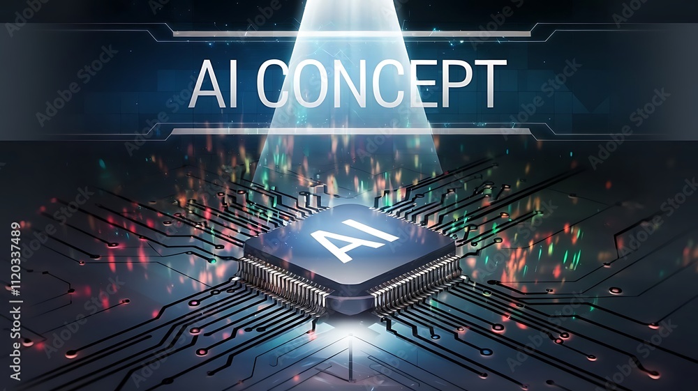 Poster ai word on microchip and colorful light spread with strong beam , ai concept with copy space banner 