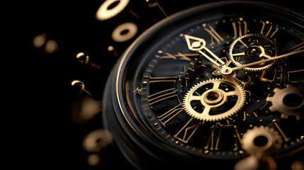 Intricate clock design featuring golden gears and mechanisms, showcasing craftsmanship and elegance. detailed structure highlights beauty of timekeeping