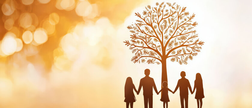 family stands tog er under large tree, symbolizing unity and connection. warm, golden background evokes feelings of love and tog erness