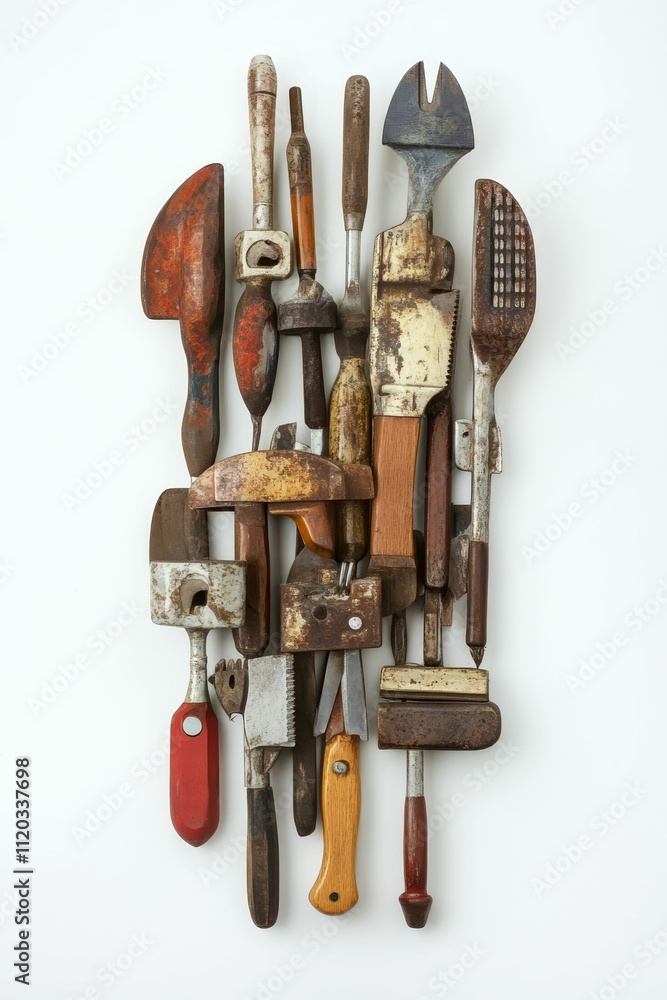 Poster rusty tools arranged as abstract design.