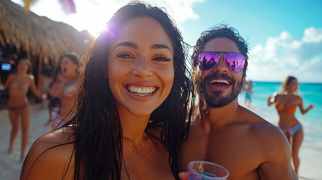 J&oacute;venes, disfrutando de una gran fiesta en la playa, con bebidas y risas. Concepto de vacaciones y juventud.