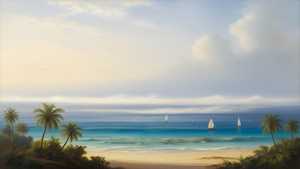 Fototapeta premium tropical beach panorama, seascape with a wide horizon, showcasing the beautiful expanse of the sky meeting the sea