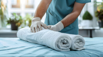 Fototapeta premium cropped shot of medical worker putting white rolled towel on massage table