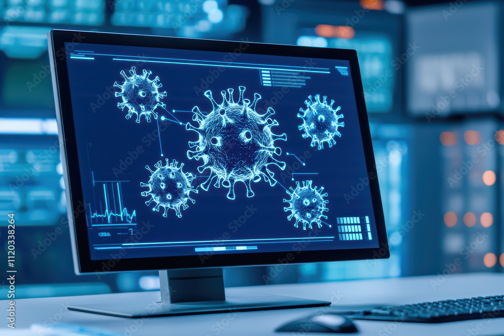 Poster digital virus visualization on futuristic screen, showcasing intricate details of virus structures a