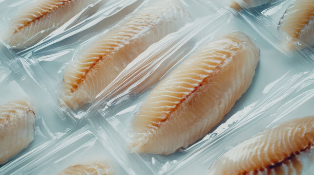 Fresh fish fillets vacuum packed in clear packaging ready for sale at a seafood market