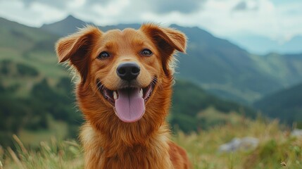 Obraz premium In a stunning mountain landscape, a brown mixed breed dog raises its tongue joyfully, gleaming with happiness under a bright sky. The lush greenery and distant peaks create a serene backdrop