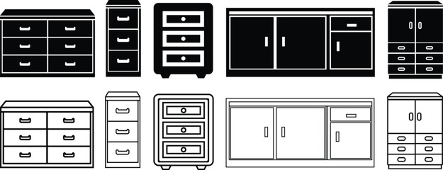 Wardrobe Cabinet Icon in flat, line set. isolated on transparent background Button with personal locker Room storage for different things sign symbol of wood Furniture design vector for apps website