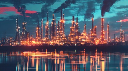 Fototapeta premium Energy industry future design with oil and gas refinery factories in creative graphic styles. 