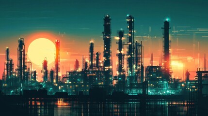 Fototapeta premium Energy industry future design with oil and gas refinery factories in creative graphic styles. 
