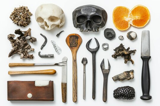 Two skulls, tools, organic matter, citrus halves. - Powered by Adobe
