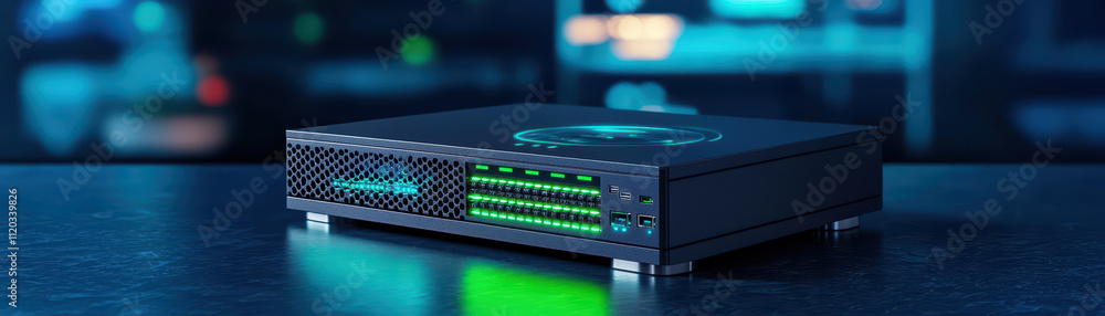Poster luminous server rack glows with blue and green lights, showcasing advanced technology and modern design. sleek device is perfect for data centers and tech enthusiasts