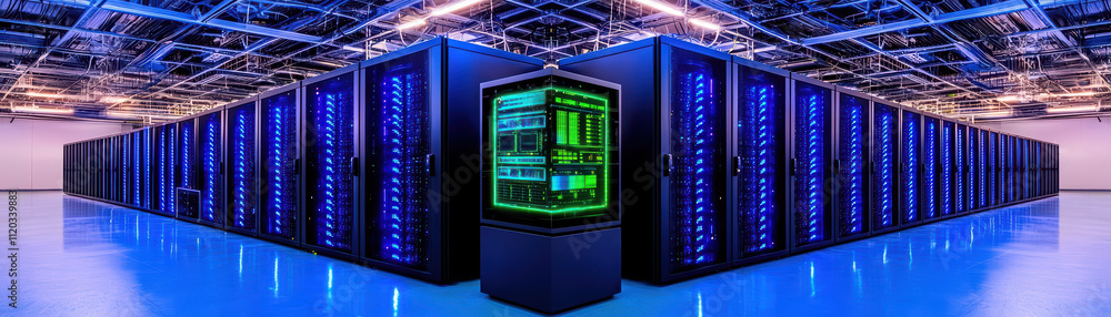 Poster luminous server rack glows with blue and green lights, showcasing advanced technology in data center