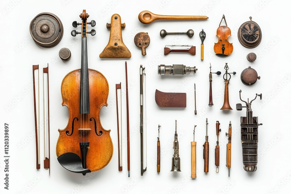 Poster antique string instrument, tools, and small objects arranged.