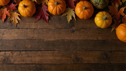 Small pumpkins and colorful leaves on a wooden surface. Autumnal arrangement.

