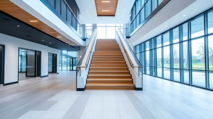 Obraz premium Spacious Office Building Interior with Central Staircase
